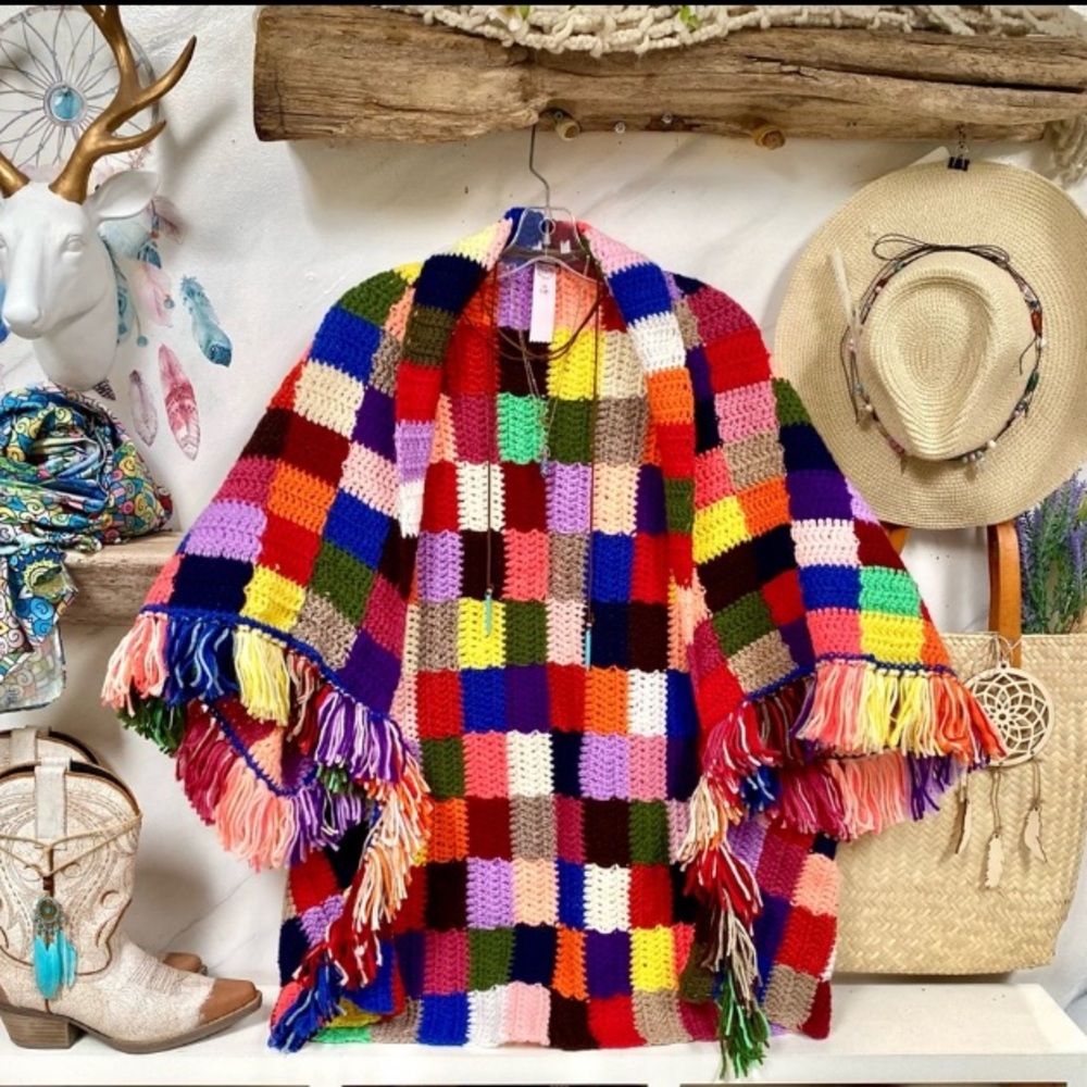Multicolor Crochet Fringe Cape Jacket - Boho Patchwork